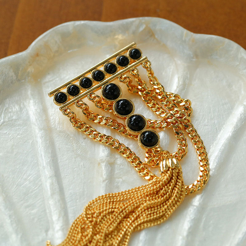 18K Gold Plated Black Onyx Multi Strand Fringe Curb Chain Brooch