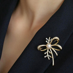 18K Gold Plated Cubic Zirconia Freshwater Pearl Ribbon Bow Brooch