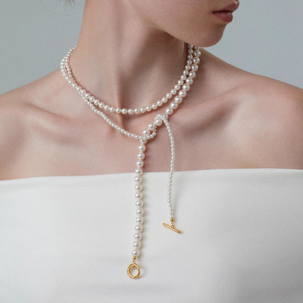 18K Gold Plated End To End Wrapped Gradient Crystal Pearl Lariat Necklace