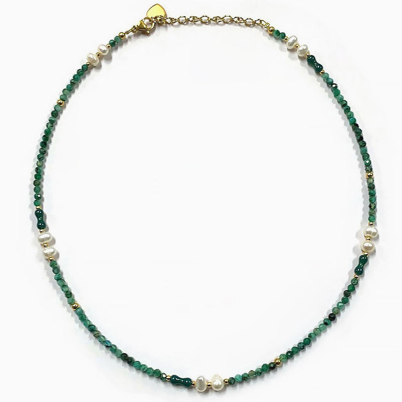 18K Gold Plated Natural Green Stone Spaced Pearl Bead Choker Necklace