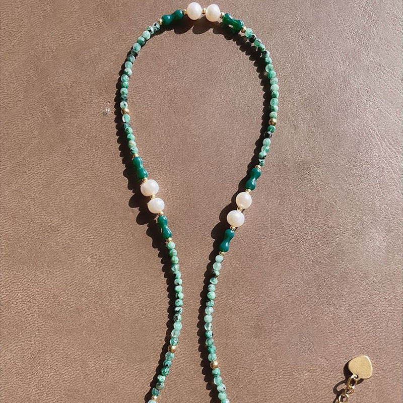 18K Gold Plated Natural Green Stone Spaced Pearl Bead Choker Necklace