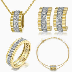 18K Gold Plated Pavé Cubic Zirconia Triple Row Eternity Ribbed Hoop Jewelry Set