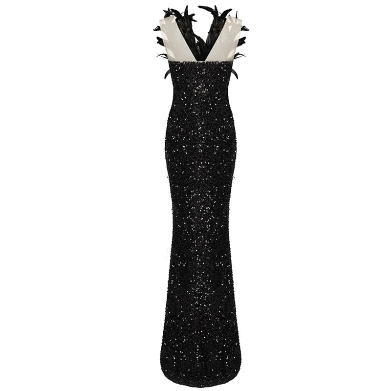 Fancy Faux Feather Trim Deep V Neck Mesh Panel Split Thigh Sequin Maxi Evening Dress