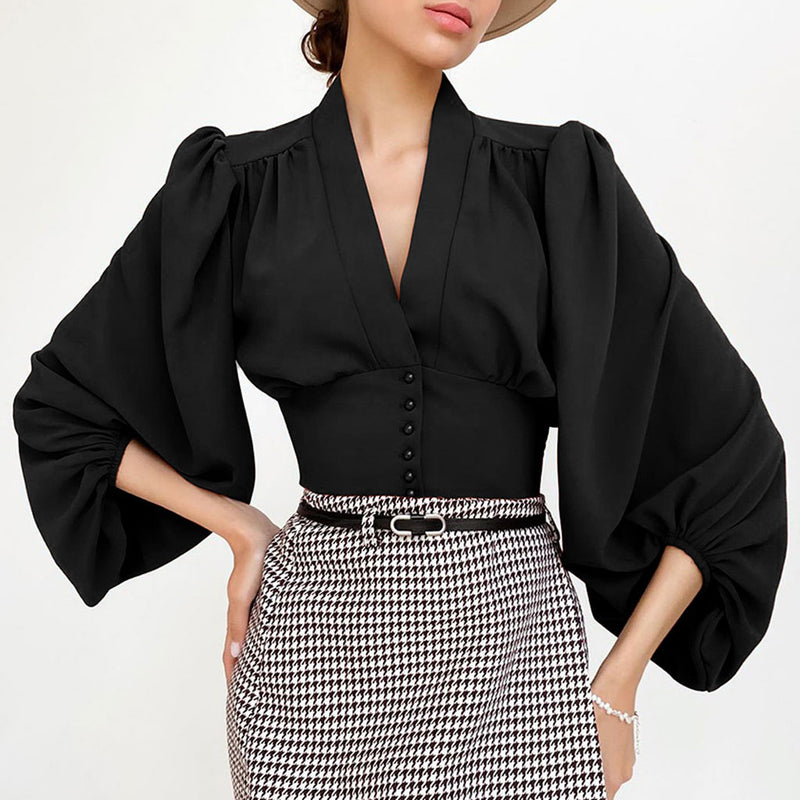 Elegant Solid Ruched Lantern Sleeve V Neck Button Up Cropped Chiffon Blouse