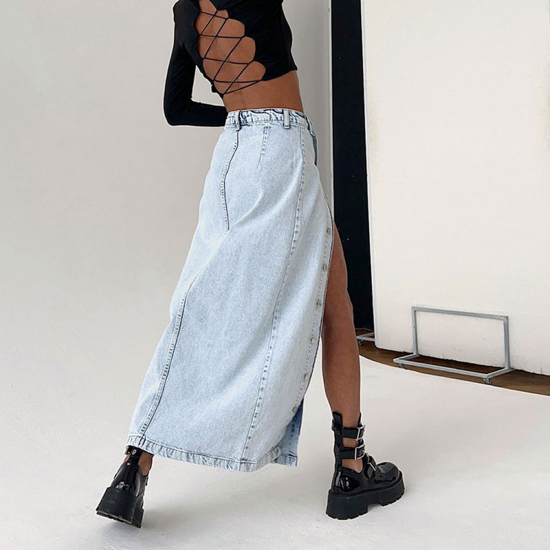 Street Style Faded Wash Button Front Split High Waist Midi Denim Skirt