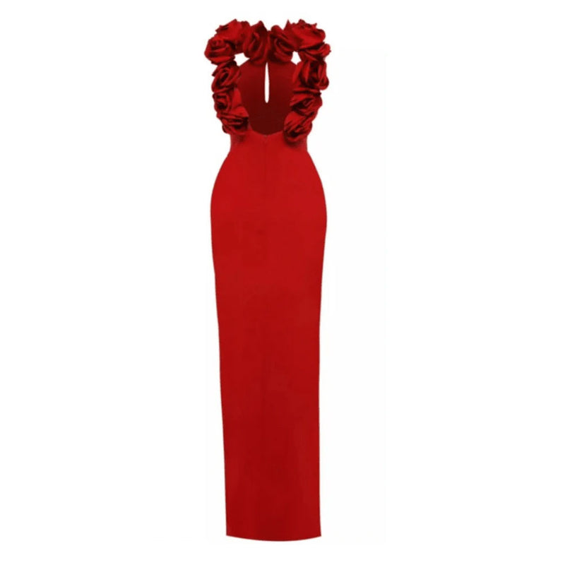 Sexy Rosette V Neck Sleeveless Gathered Backless Front Split Bandage Maxi Dress