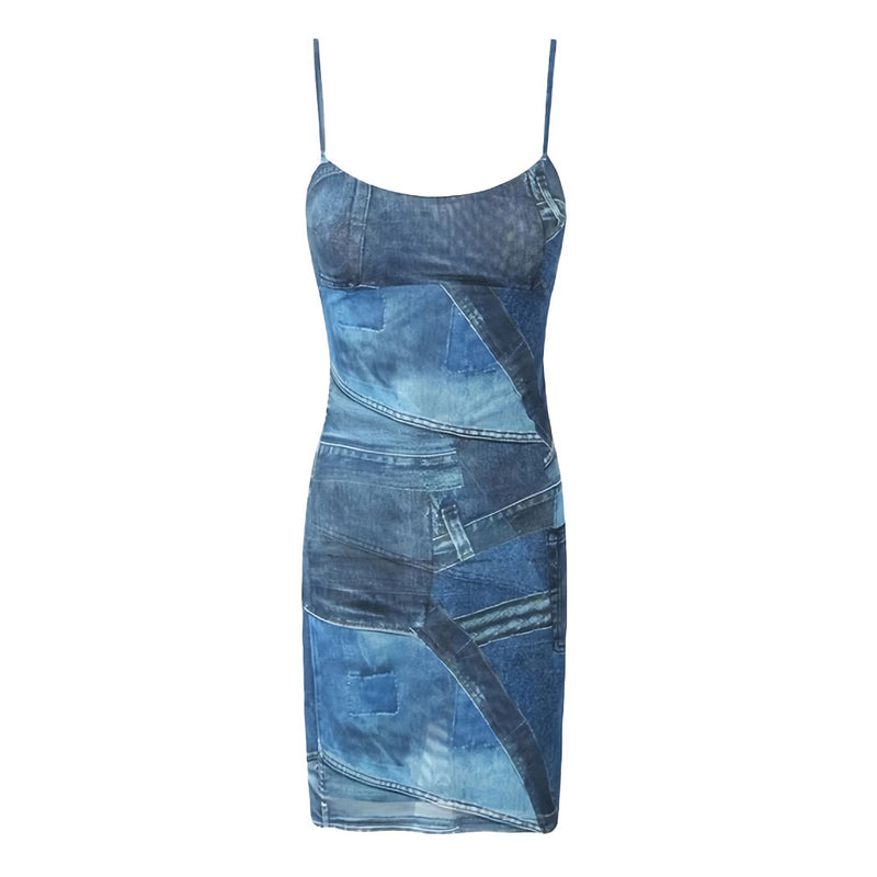 Abstract Print Scoop Neck Spaghetti Strap Mesh Bodycon Mini Sundress