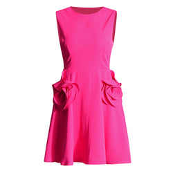 Adorable Crew Neck Sleeveless Fit and Flare Embellished Rosette Mini Dress