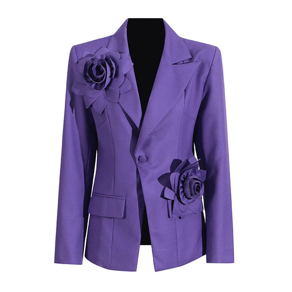 Artsy Rosette Embellished Lapel Shoulder Pad Long Sleeve One Button Blazer