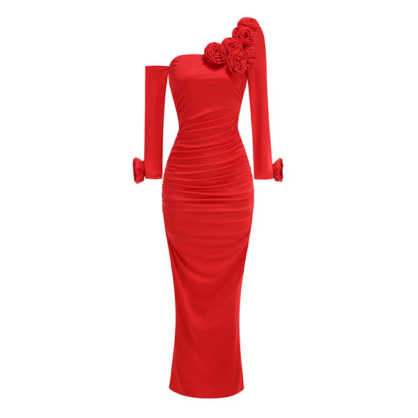 Asymmetric 3D Rosette One Shoulder Ruched Bodycon Maxi Evening Dress