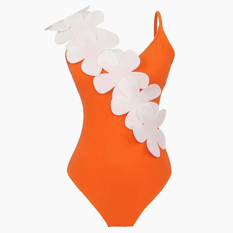 Asymmetric Contrast 3D Petal Flower Moderate V Neck One Piece Swimsuit