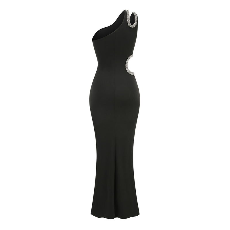 Asymmetric Crystal Braided One Shoulder Cutout Sleeveless Formal Maxi Dress