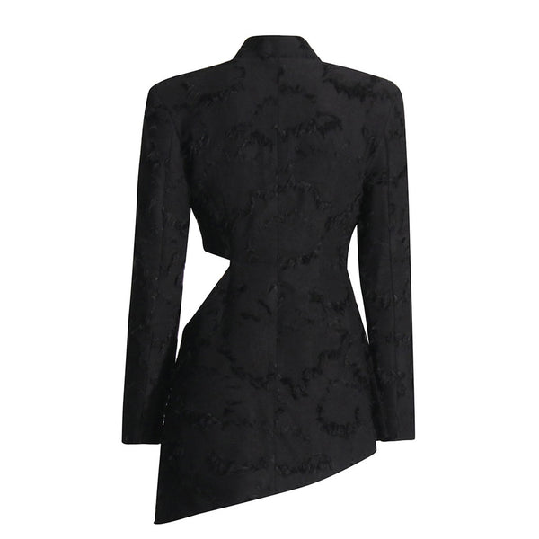 Asymmetric Cutout Plunge Collarless Long Sleeve Button Up Jacquard Blazer