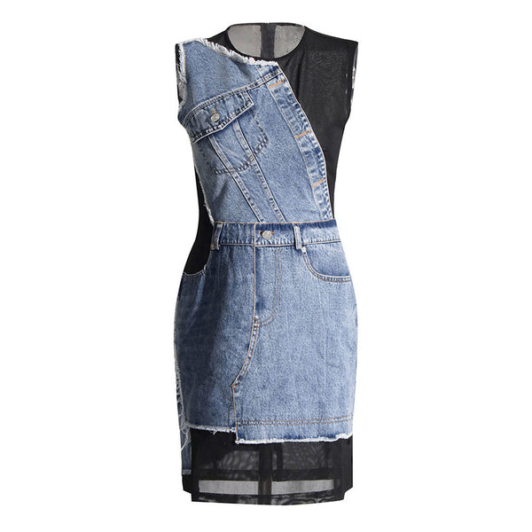 Asymmetric Deconstructed Denim Spliced Crew Neck Sleeveless Mini Mesh Dress