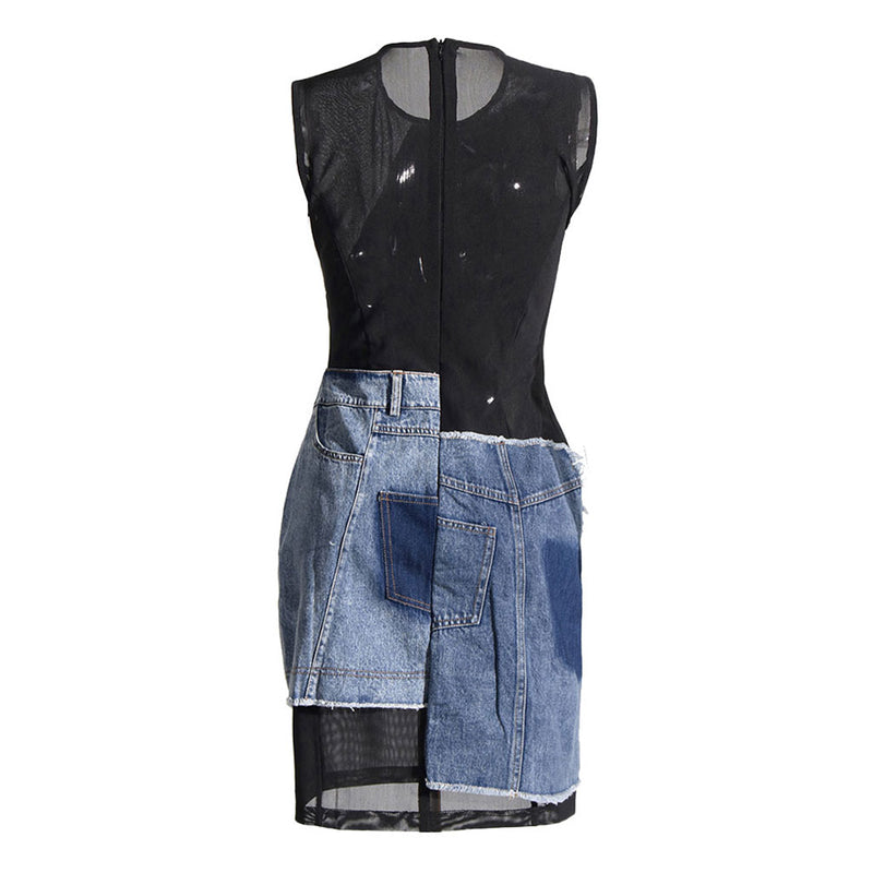 Asymmetric Deconstructed Denim Spliced Crew Neck Sleeveless Mini Mesh Dress