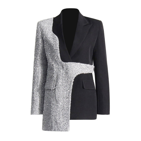 Asymmetric Lurex Tweed Long Sleeve Peak Collar Buttoned Spliced Blazer