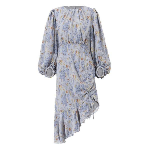 Asymmetric Ruffle Trim Puff Sleeve Drawstring Ruched Midi Floral Dress