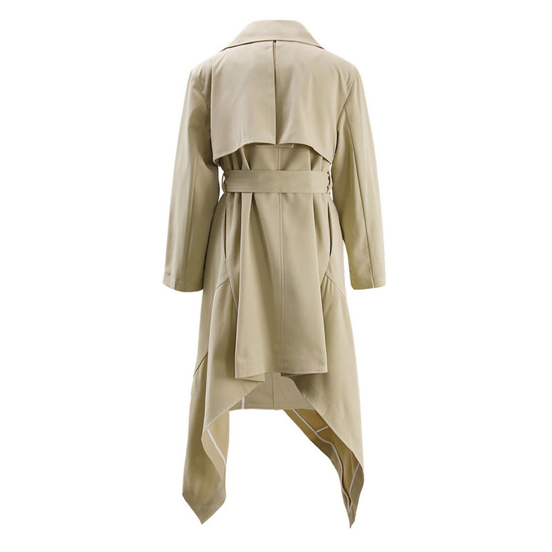 Asymmetrical Collared Button Up Belted Twill Cotton Waterfall Trench Coat