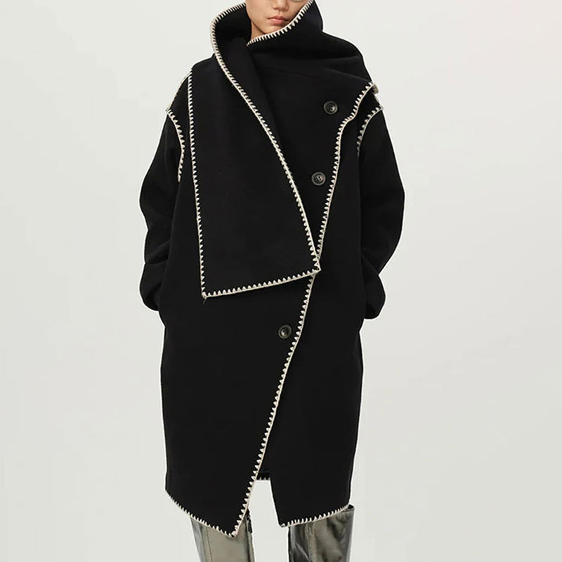 Asymmetrical Contrast Whipstitch Drop Sleeve Button Up Oversized Scarf Coat