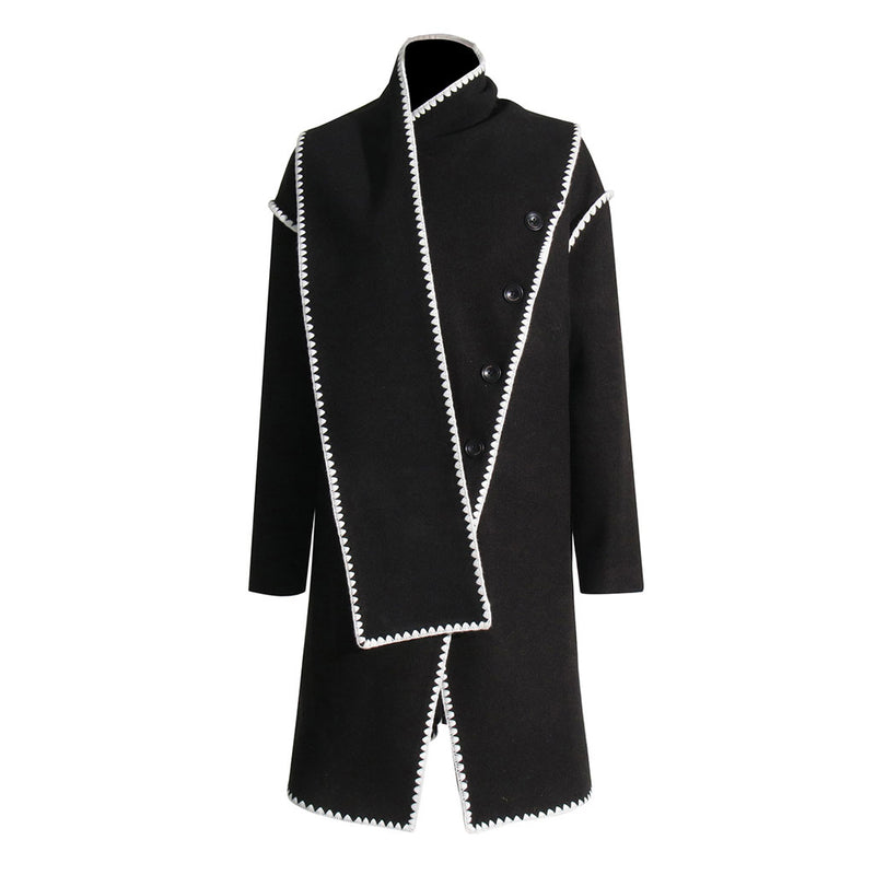 Asymmetrical Contrast Whipstitch Drop Sleeve Button Up Oversized Scarf Coat