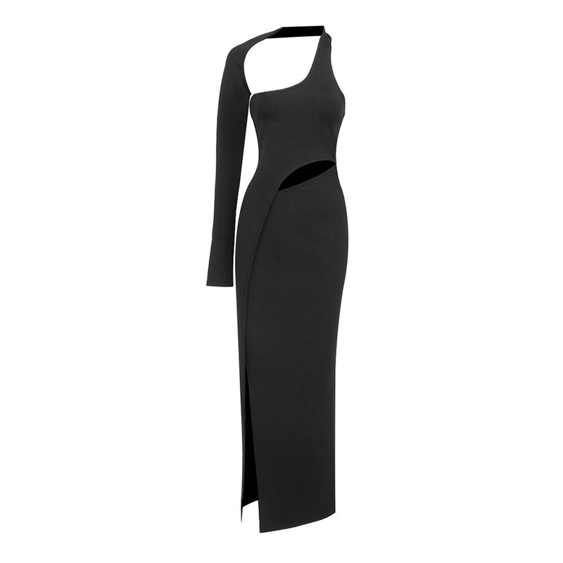 Asymmetrical Cutout Long Sleeve Thigh Split Maxi Bandage Evening Dress