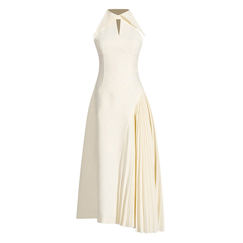 Asymmetrical Hem Pointed Collar Keyhole Sleeveless Pleated Midi Dress