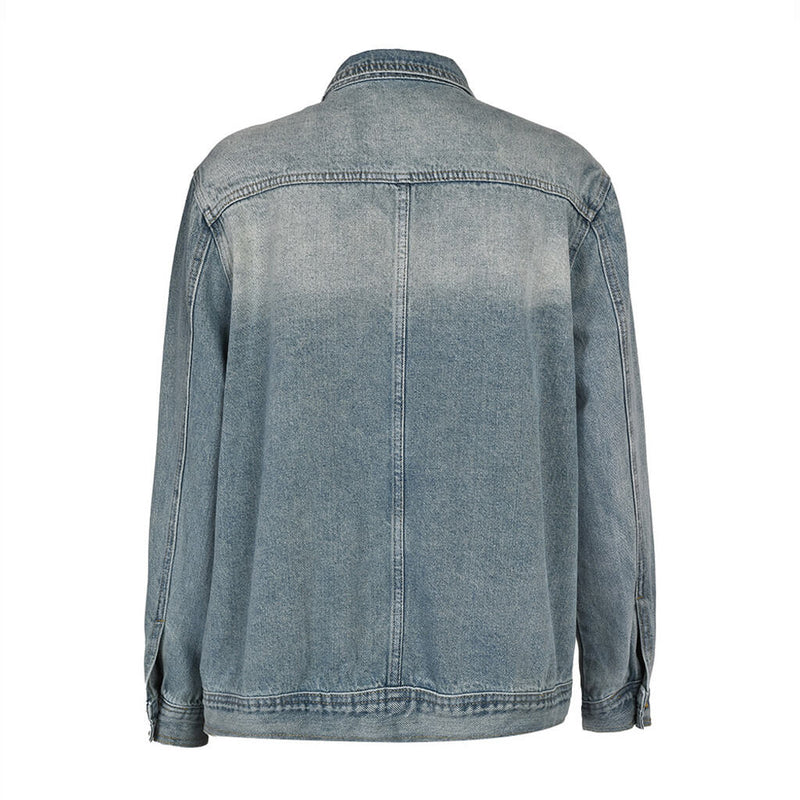 Asymmetrical High Collar Button Up Cutaway Washed Oversized Denim Jacket