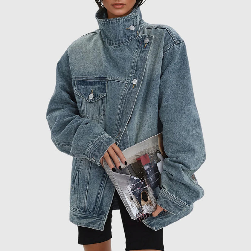 Asymmetrical High Collar Button Up Cutaway Washed Oversized Denim Jacket