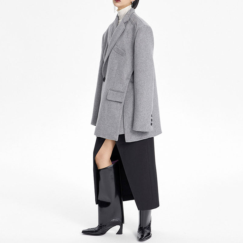 Asymmetrical Lapel Strong Shoulder One Button Oversized Woolen Coat