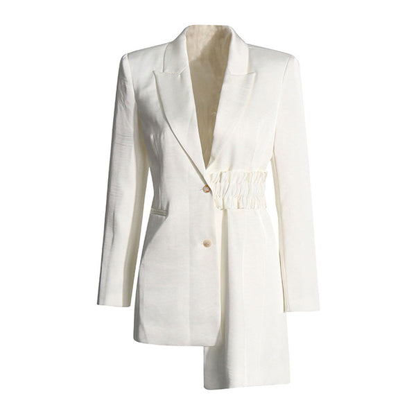 Asymmetrical Lapel Strong Shoulder Two Button Gathered Waist Blazer