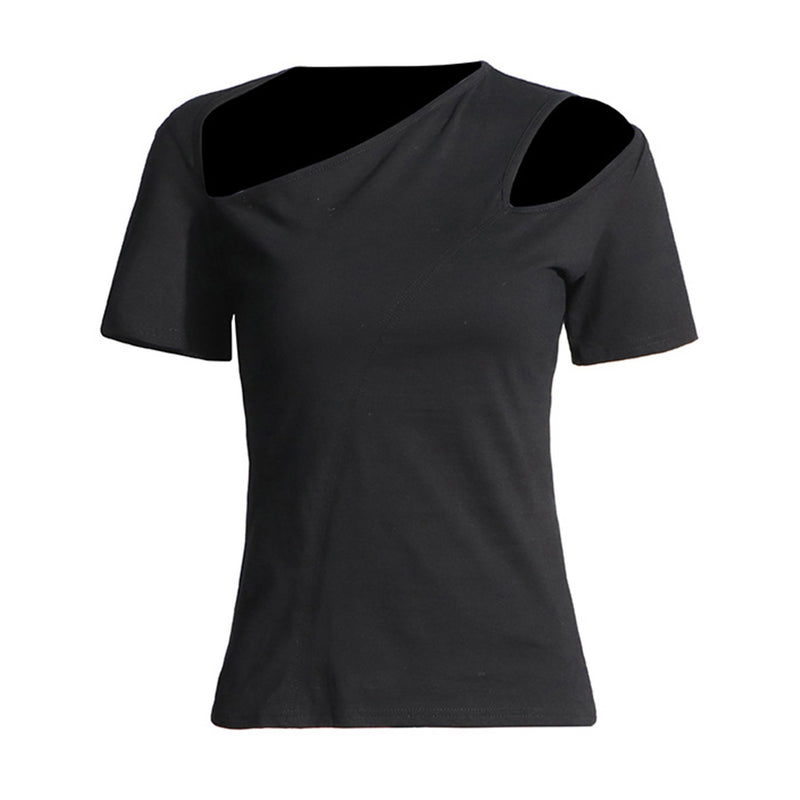 Asymmetrical Neck Split Cutout Short Sleeve Solid Color Fitted T Shirt