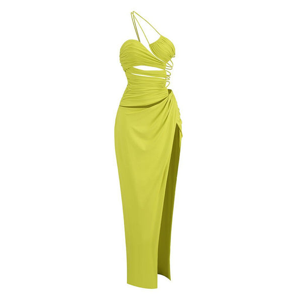 Asymmetrical One Shoulder Backless Ruched High Split Cutout Maxi Dress