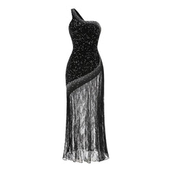 Asymmetrical One Shoulder Crystal & Sequin Embellished Velvet Lace Maxi Dress