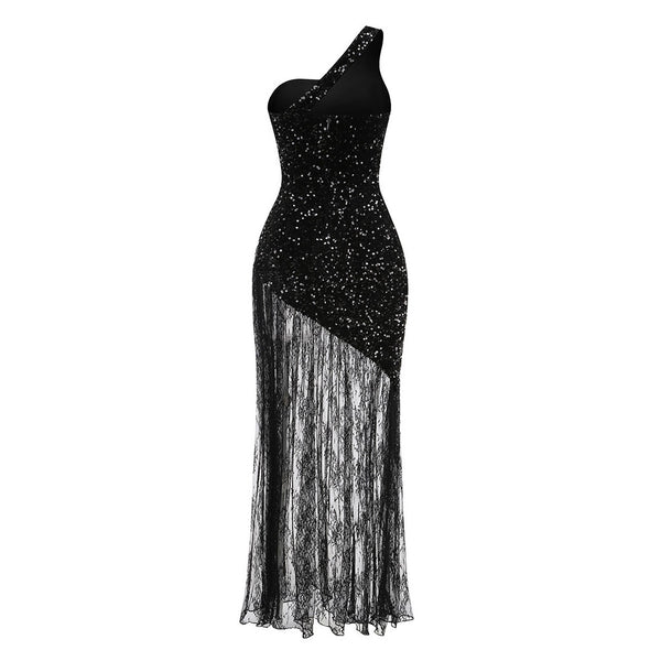 Asymmetrical One Shoulder Crystal & Sequin Embellished Velvet Lace Maxi Dress