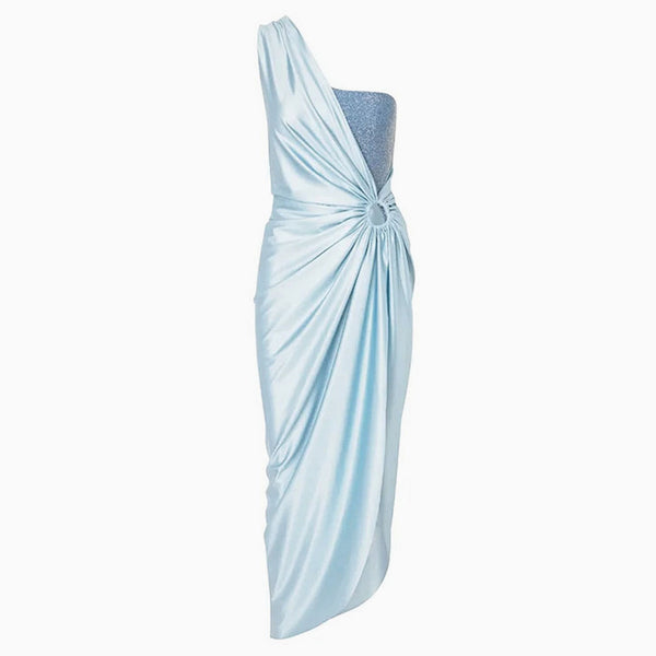 Asymmetrical One Shoulder Ruched O Ring Side Split Silky Goddess Cover Up