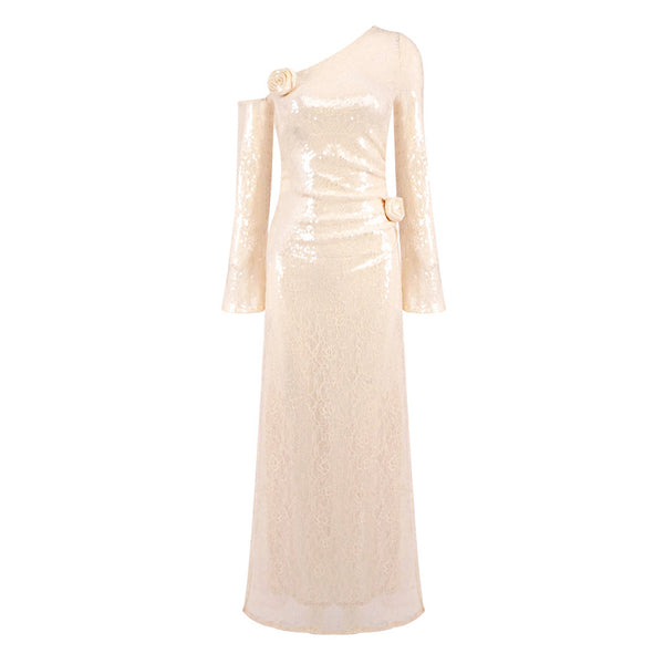 Asymmetrical One Shoulder Sequin Lace Ruched Rosette Evening Maxi Dress