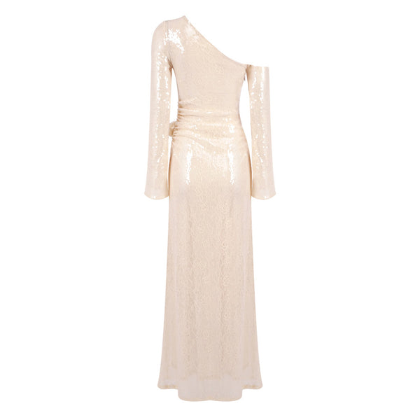 Asymmetrical One Shoulder Sequin Lace Ruched Rosette Evening Maxi Dress