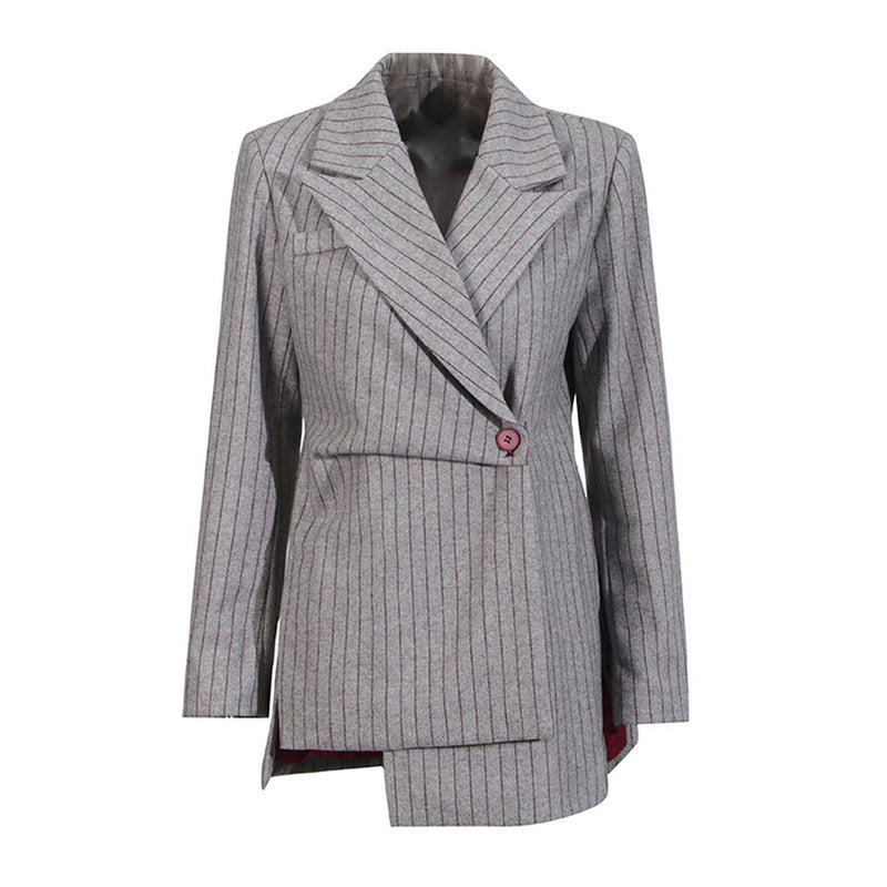 Asymmetrical Split One Button Cinch Waist Stripe Print Herringbone Blazer