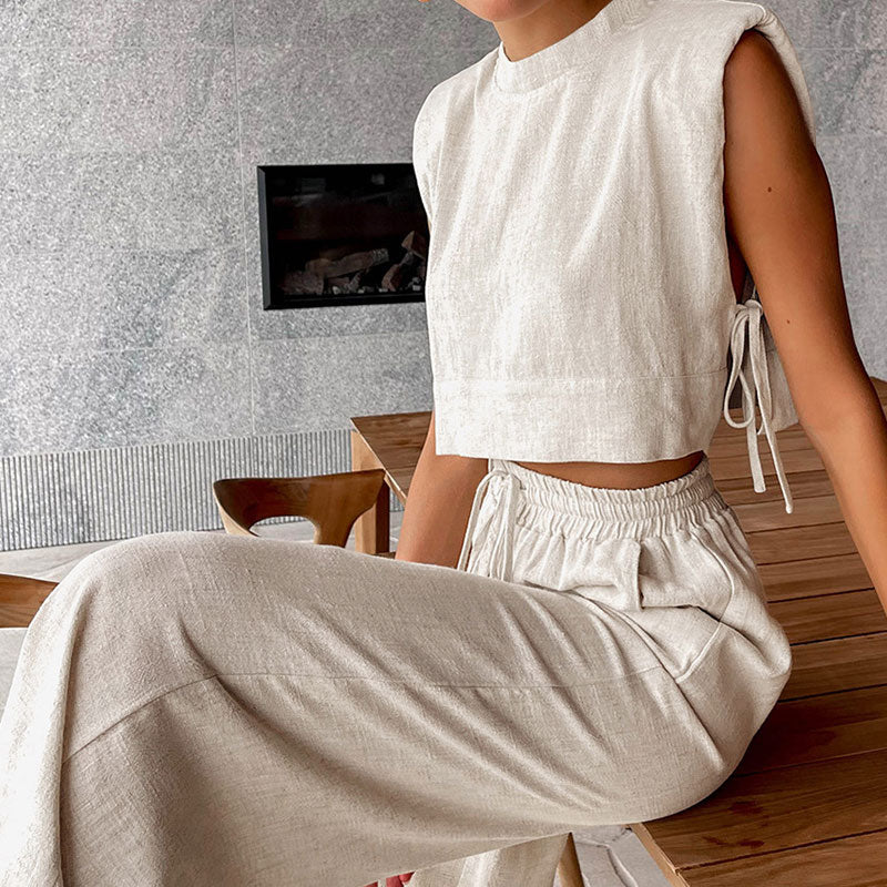 Athflow Side Tie Crop Tank Top Wide Leg Pants Cotton Linen Lounge Set