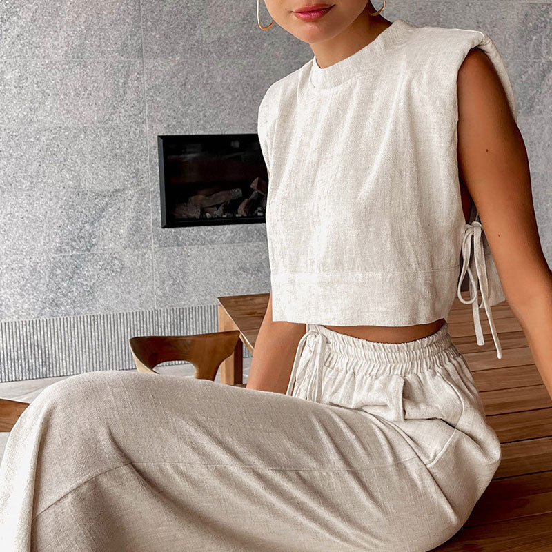 Athflow Side Tie Crop Tank Top Wide Leg Pants Cotton Linen Lounge Set