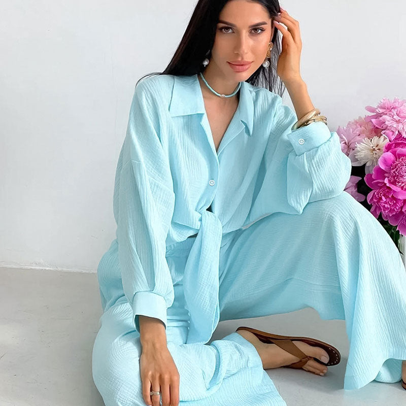 Athflow Tie Front Buttoned Blouse Wide Leg Pants Cotton Gauze Lounge Set