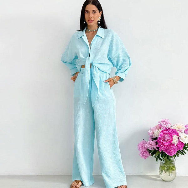 Athflow Tie Front Buttoned Blouse Wide Leg Pants Cotton Gauze Lounge Set