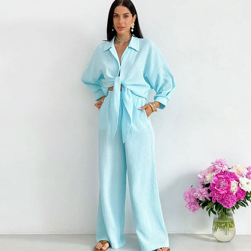 Athflow Tie Front Buttoned Blouse Wide Leg Pants Cotton Gauze Lounge Set