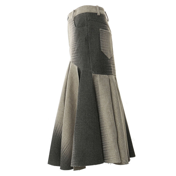 Avant Garde Gradient Print High Waist Pleated Ruffle Fishtail Tweed Midi Skirt