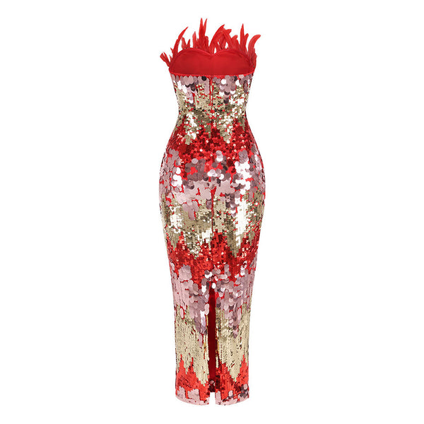 Blazing Faux Feather & Sequin Embellished Sheath Tube Maxi Formal Dress