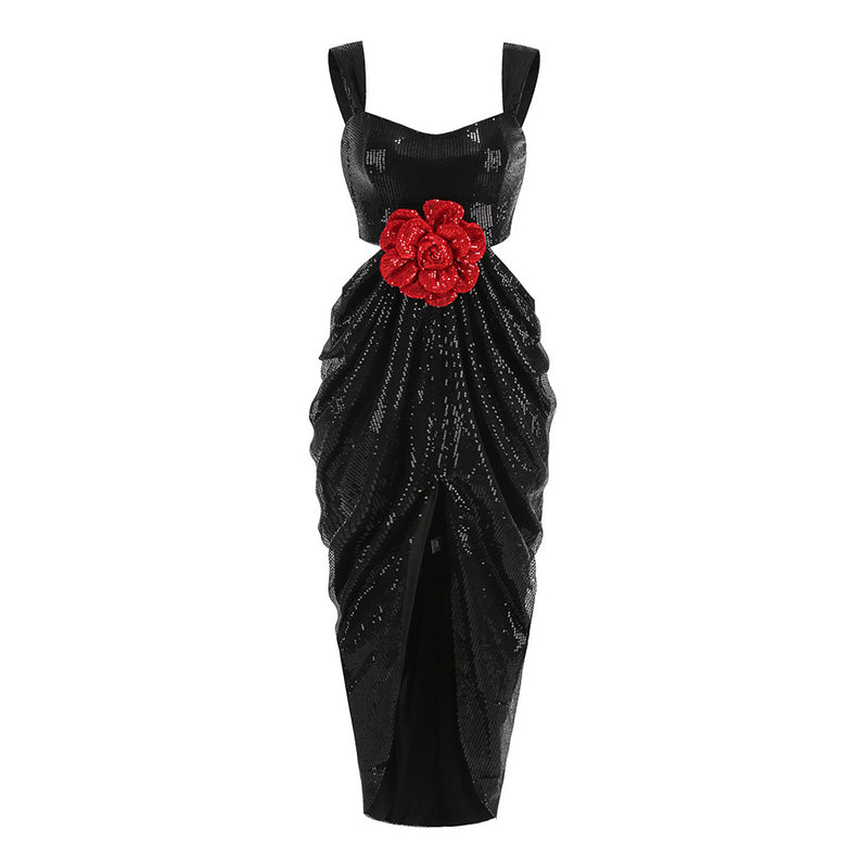 Bloom Rosette Draped Cutout Sleeveless Sequin Front Split Maxi Formal Dress