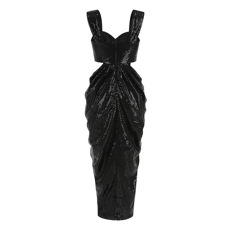 Bloom Rosette Draped Cutout Sleeveless Sequin Front Split Maxi Formal Dress