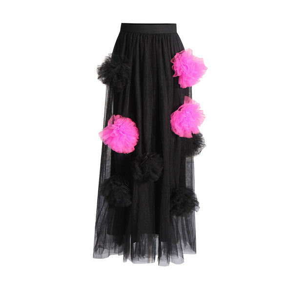 Blooming Contrast Rosette High Waist Ruched High Split Tulle Maxi Skirt