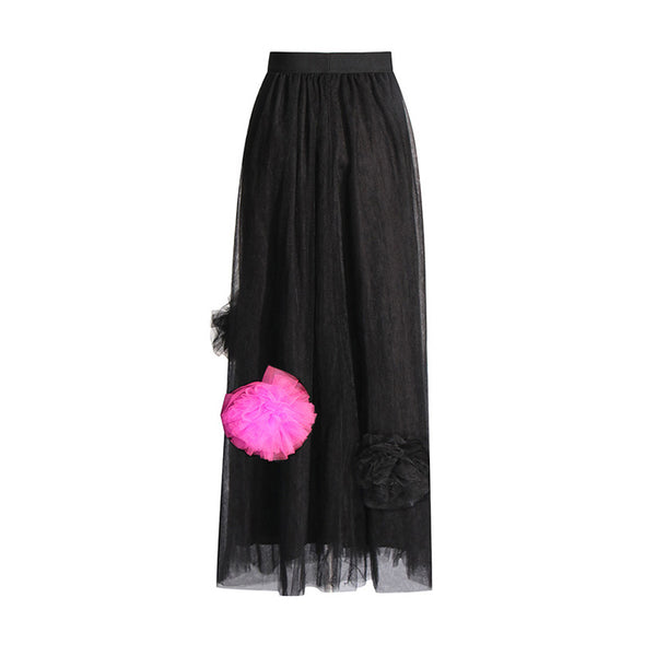 Blooming Contrast Rosette High Waist Ruched High Split Tulle Maxi Skirt