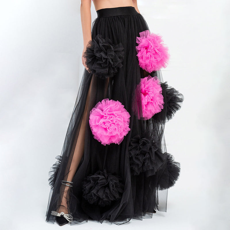 Blooming Contrast Rosette High Waist Ruched High Split Tulle Maxi Skirt